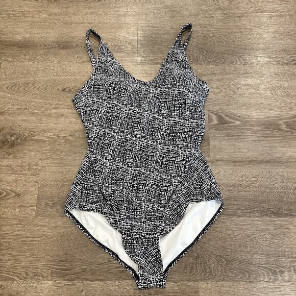Speedo One Piece Swimsuit Womens Size 18 Black White Ruched‎ Slimming V Neck - Picture 1 of 8